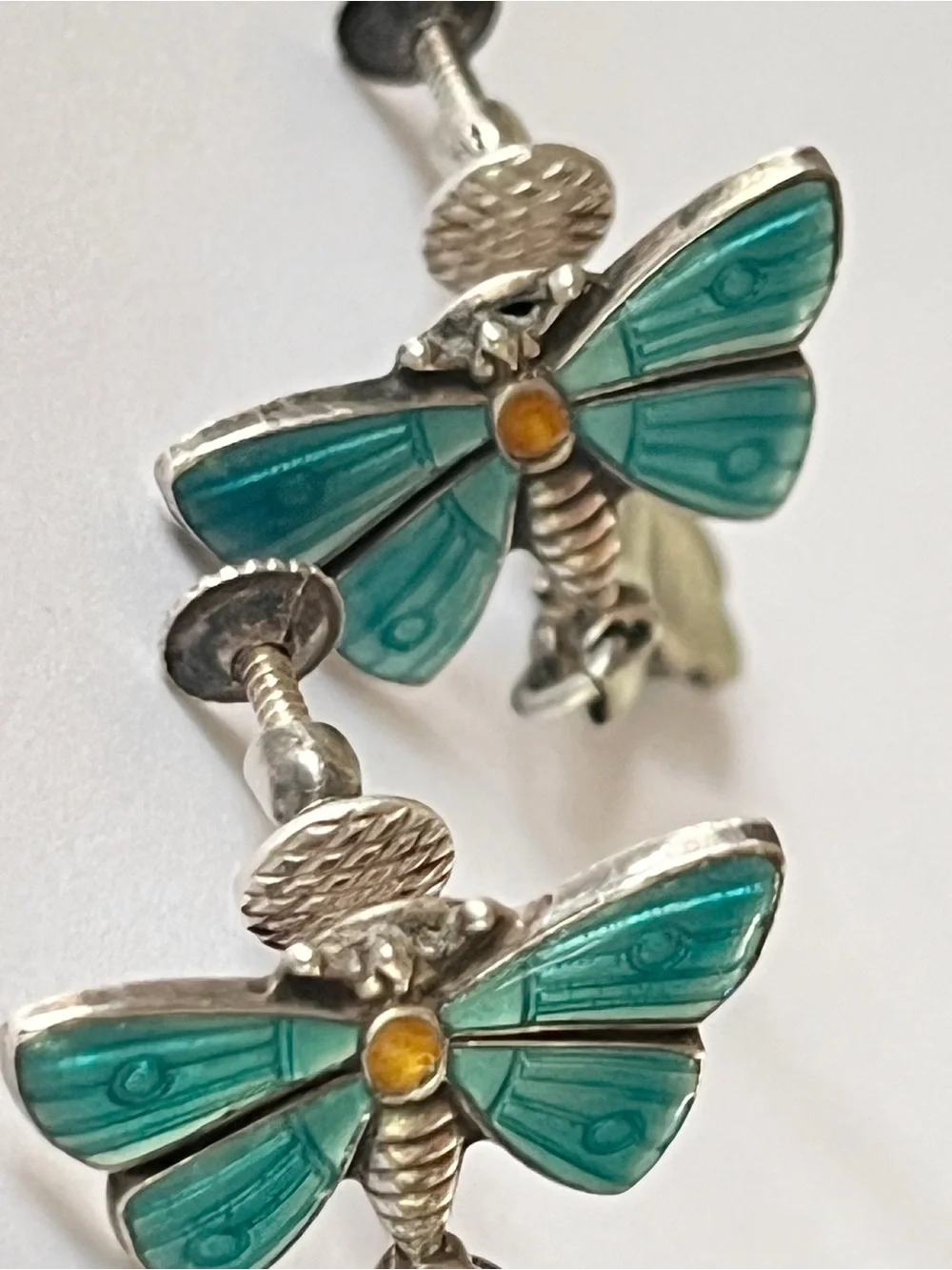 Antique Guilloche Earrings Turquoise Enamel STERLING Dangle Butterfly Daisy VTG
